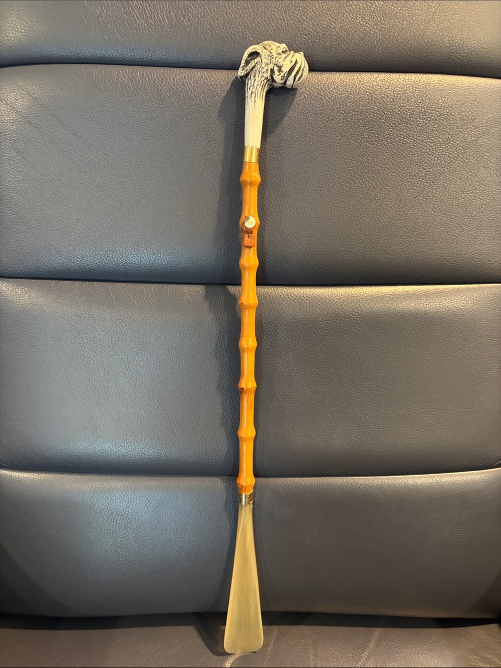 Decorative Bamboo-Style Shoe Horn with Dog Head Handle - Amber